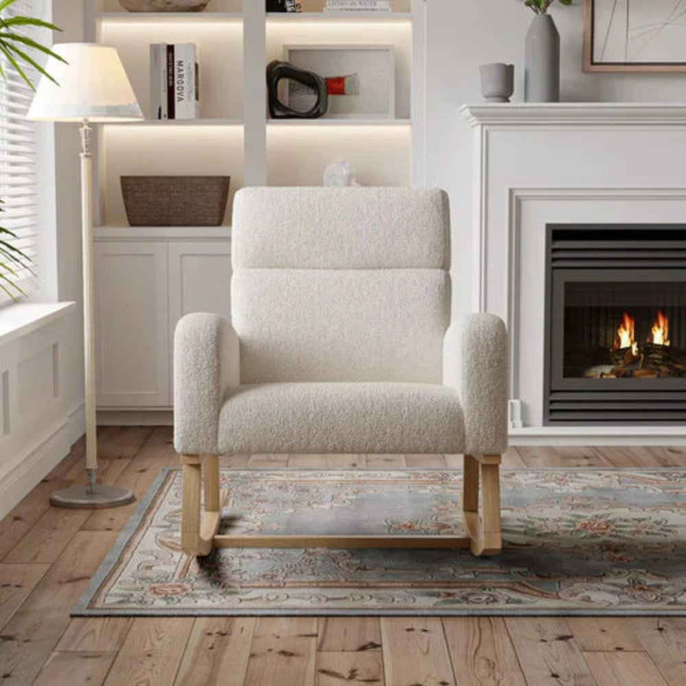 SVEN – Fauteuil à Bascule Scandinave Bouclette & Bois Clair