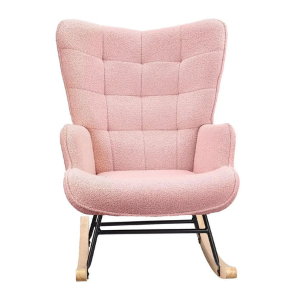 LUNA – Rocking Chair Cocooning en Tissu Teddy Rose & Bois Massif