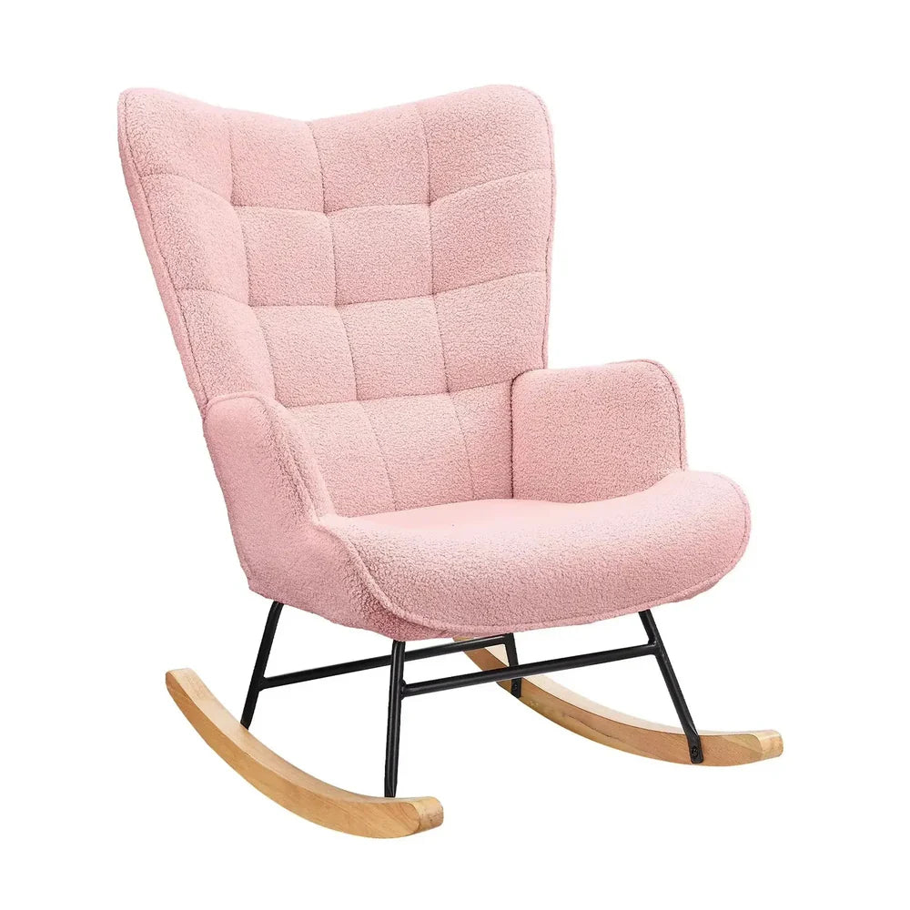 LUNA – Rocking Chair Cocooning en Tissu Teddy Rose & Bois Massif