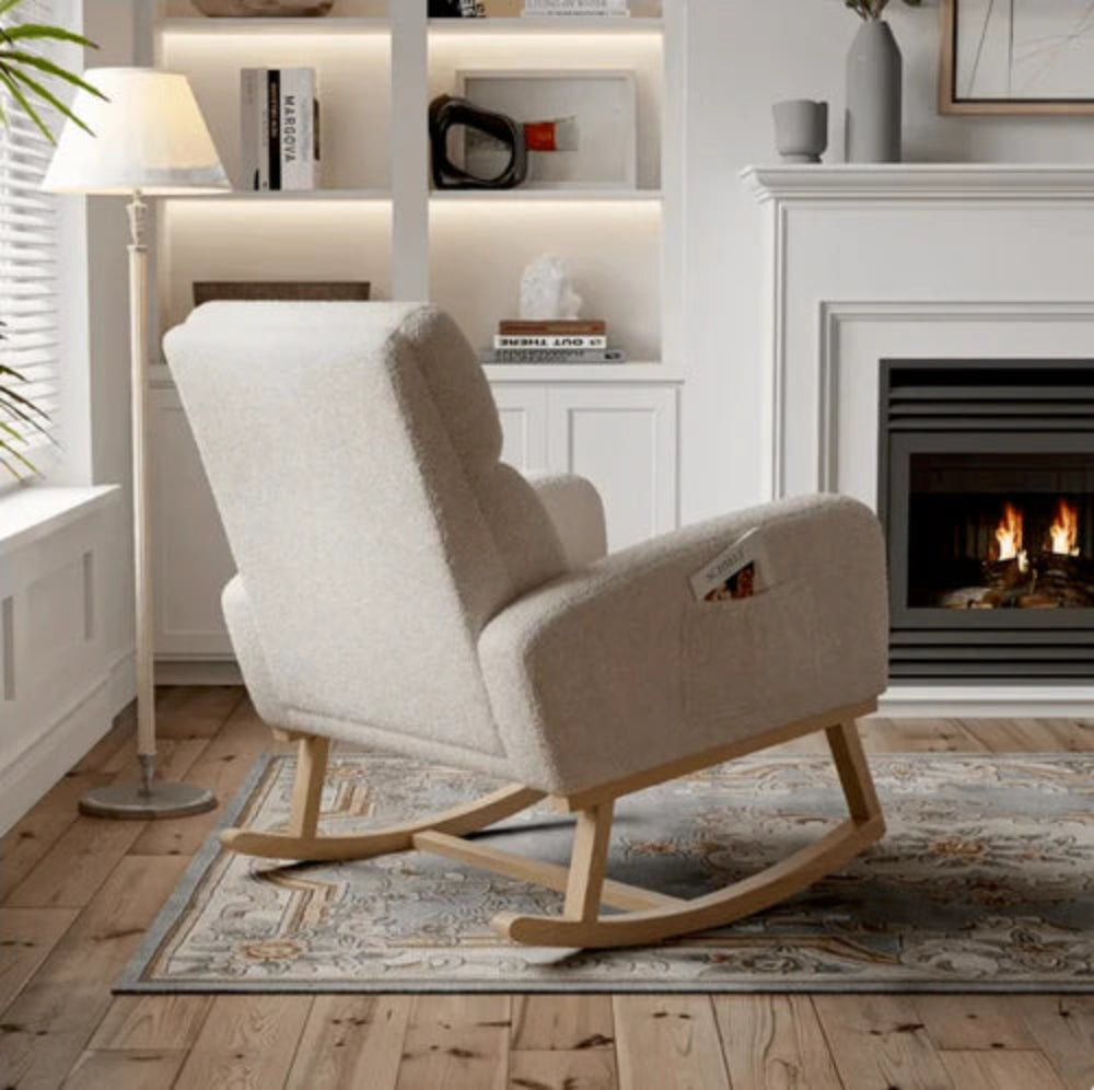 SVEN – Fauteuil à Bascule Scandinave Bouclette & Bois Clair