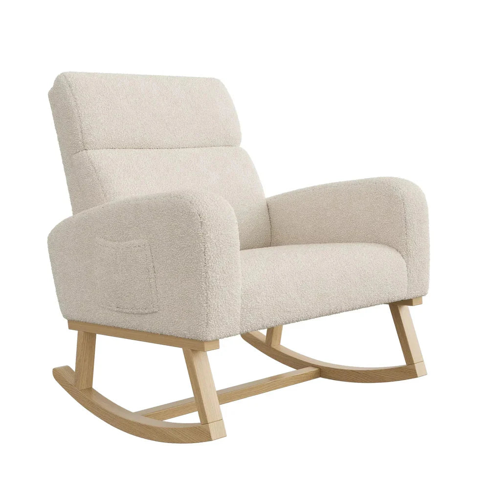 SVEN – Fauteuil à Bascule Scandinave Bouclette & Bois Clair