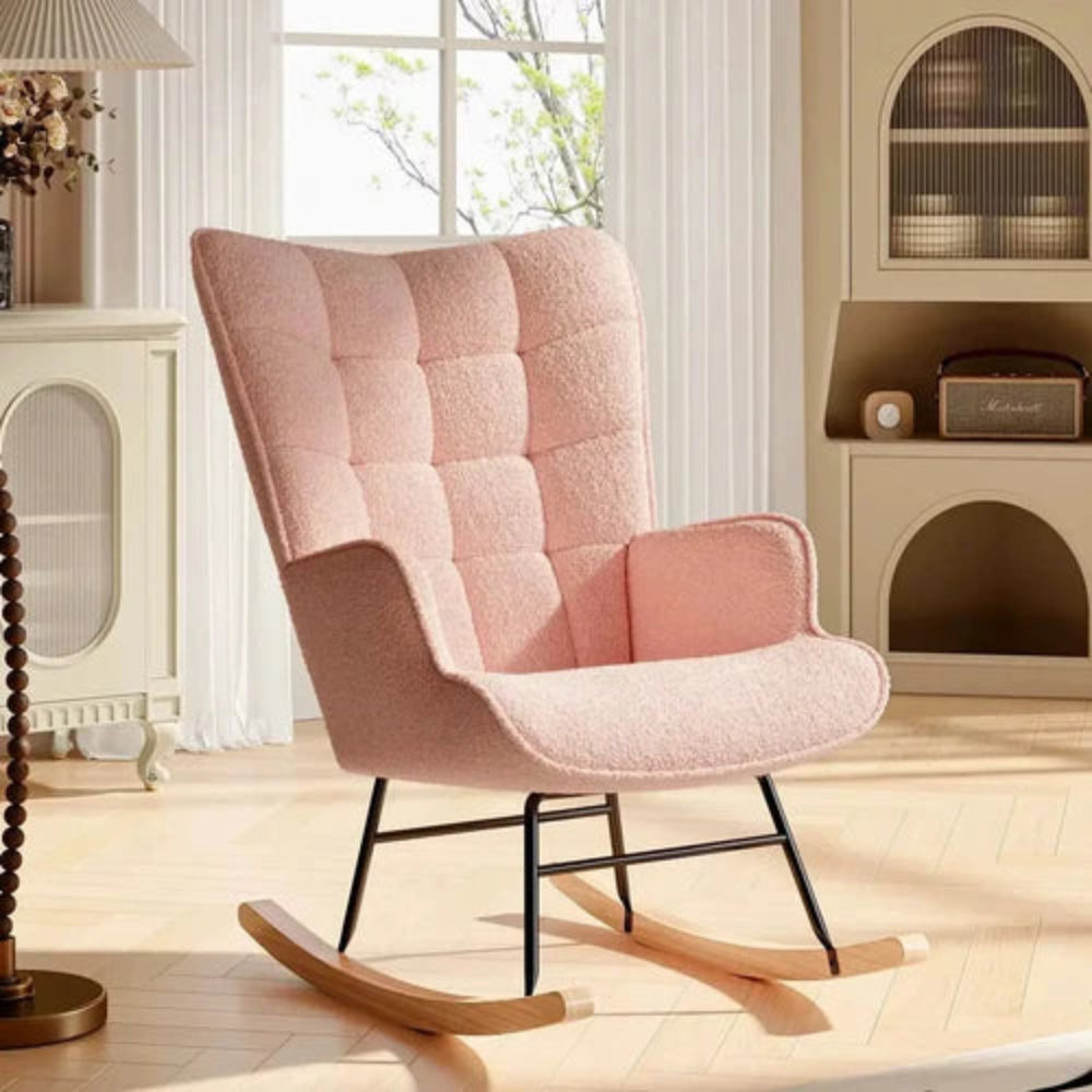 LUNA – Rocking Chair Cocooning en Tissu Teddy Rose & Bois Massif