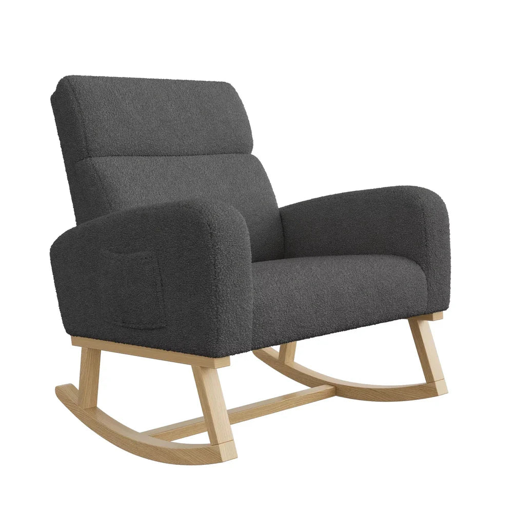 SVEN – Fauteuil à Bascule Scandinave Bouclette & Bois Clair