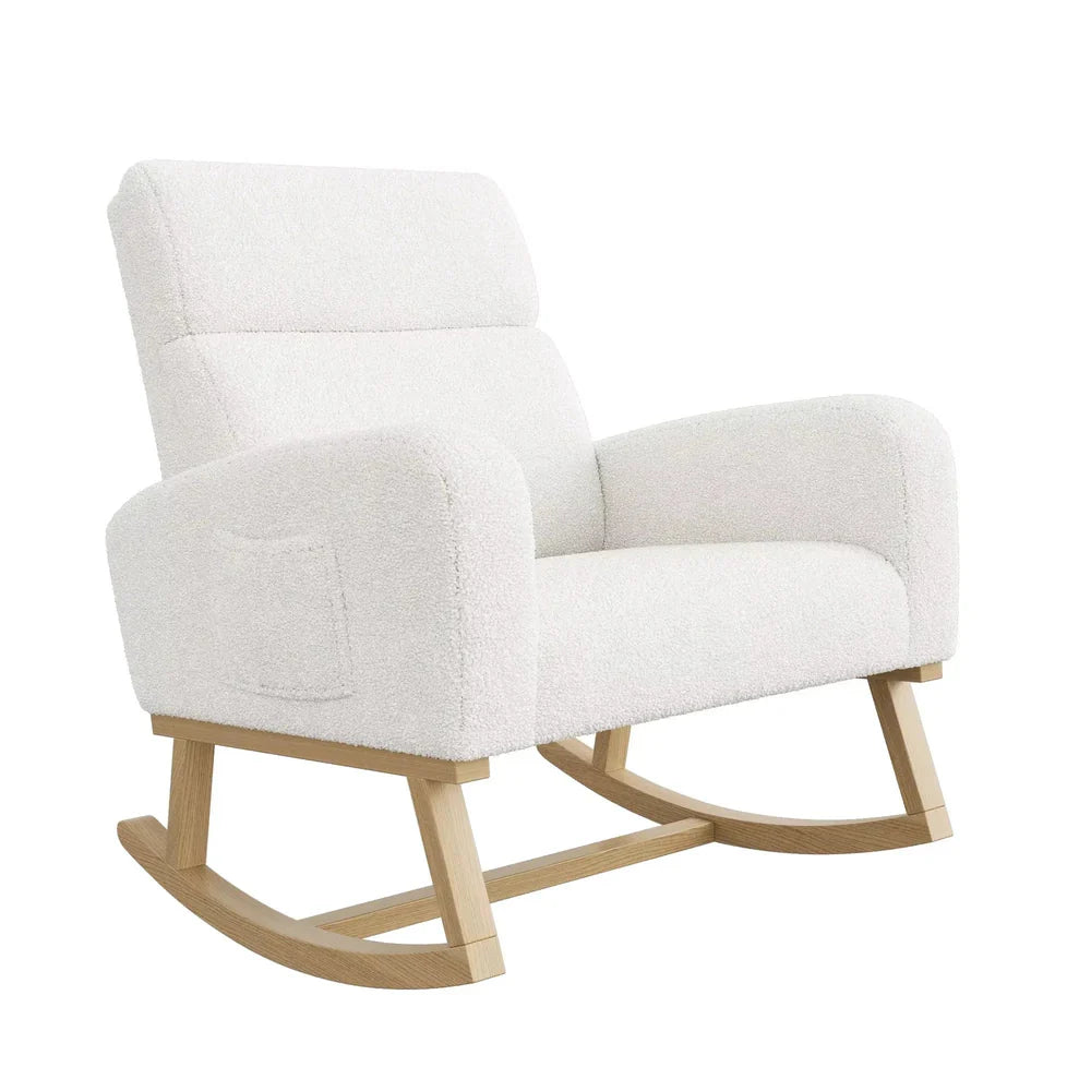 SVEN – Fauteuil à Bascule Scandinave Bouclette & Bois Clair