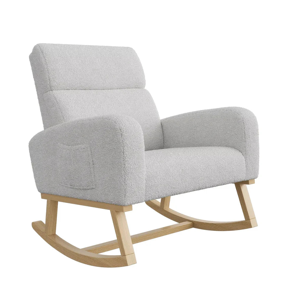 SVEN – Fauteuil à Bascule Scandinave Bouclette & Bois Clair