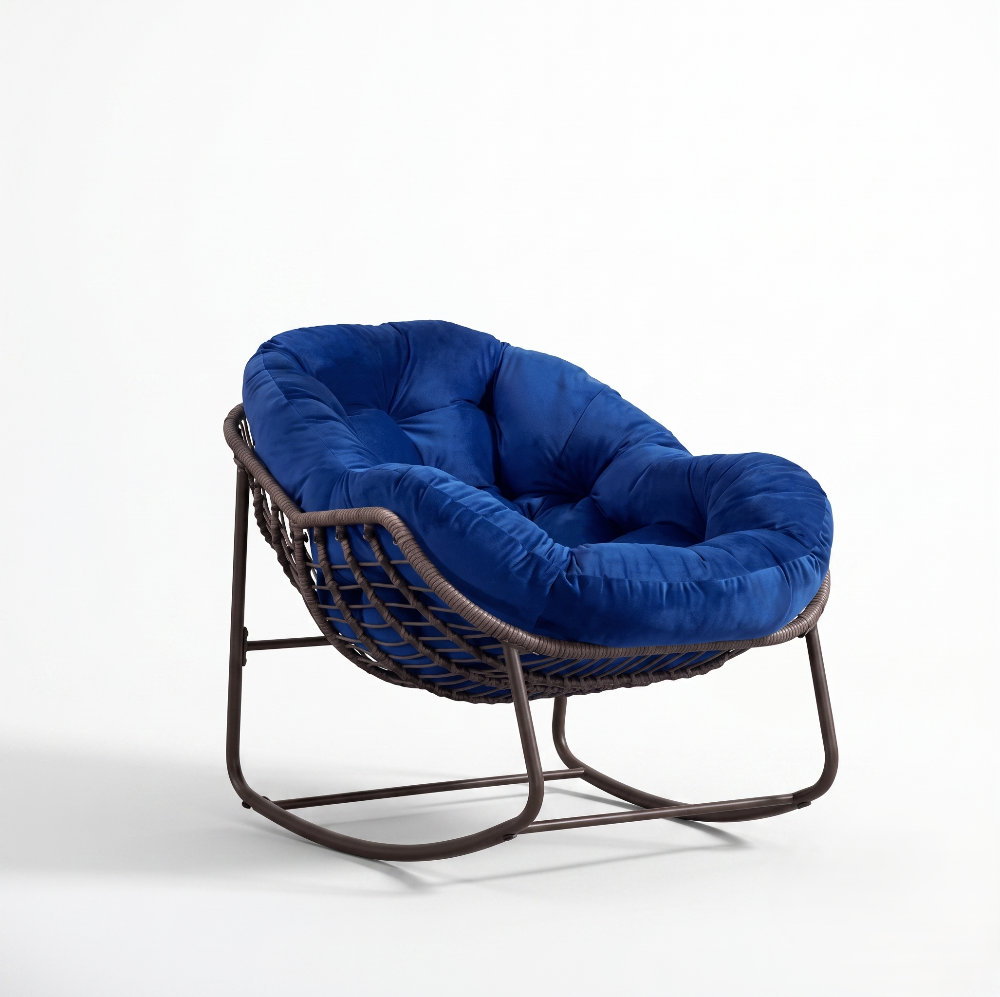 Koa – Fauteuil à Bascule Papasan en Résine Tressée & Tissu Moelleux