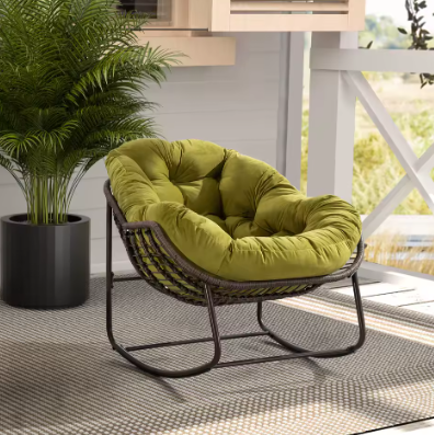 Koa – Fauteuil à Bascule Papasan en Résine Tressée & Tissu Moelleux